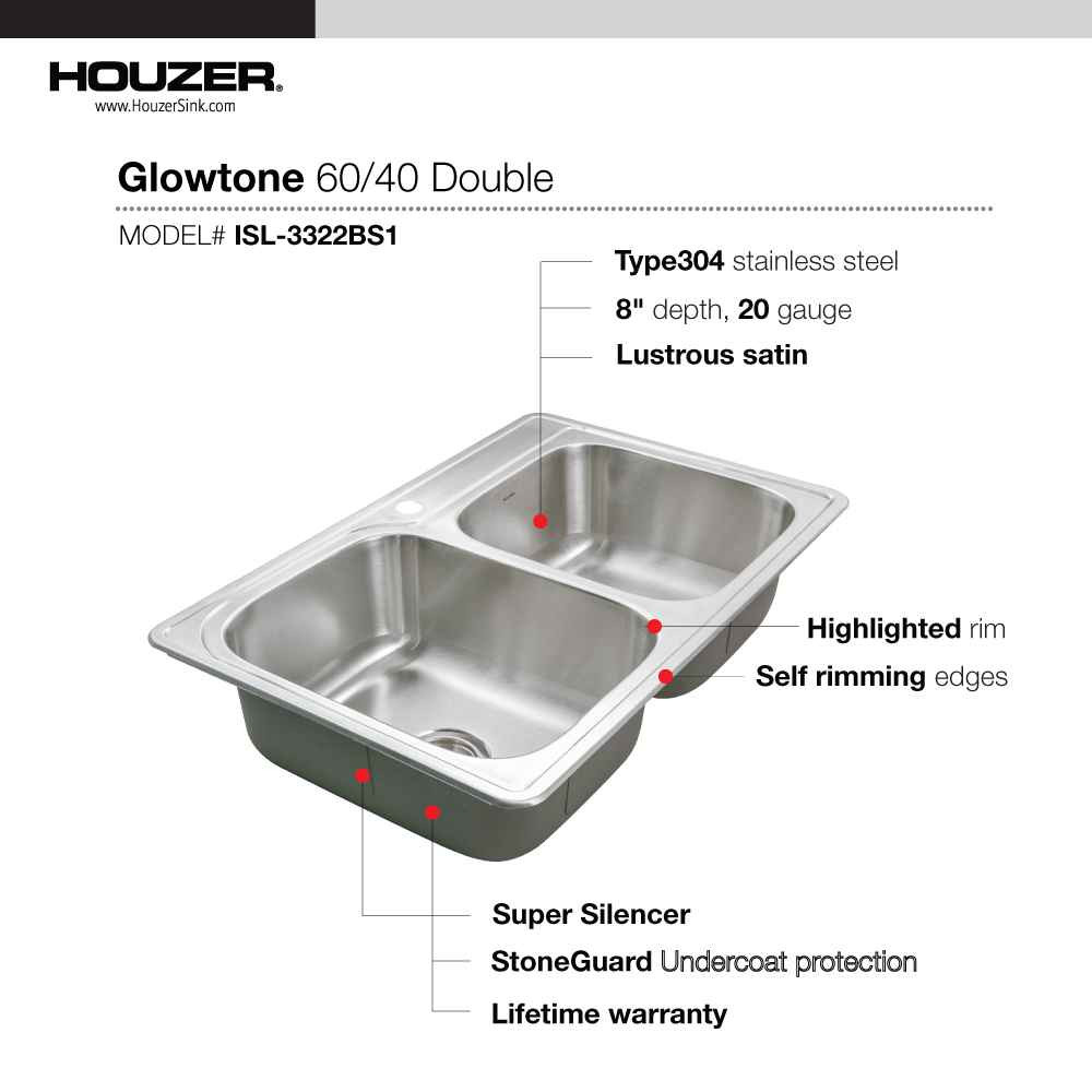Houzer ISL-3322BS1 Glowtone 33" Stainless Steel Drop-in Topmount 1-hole 60/40 Double Bowl Kitchen Sink Strainers & Grids